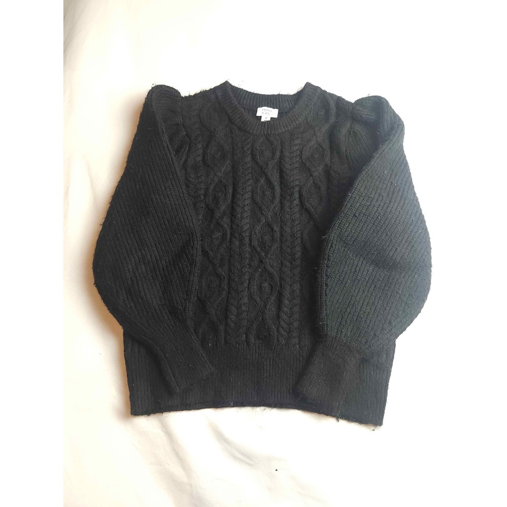 Crown & Ivy Womens Black Cable Knit Puff Sleeve Crewneck Sweater Size Medium
